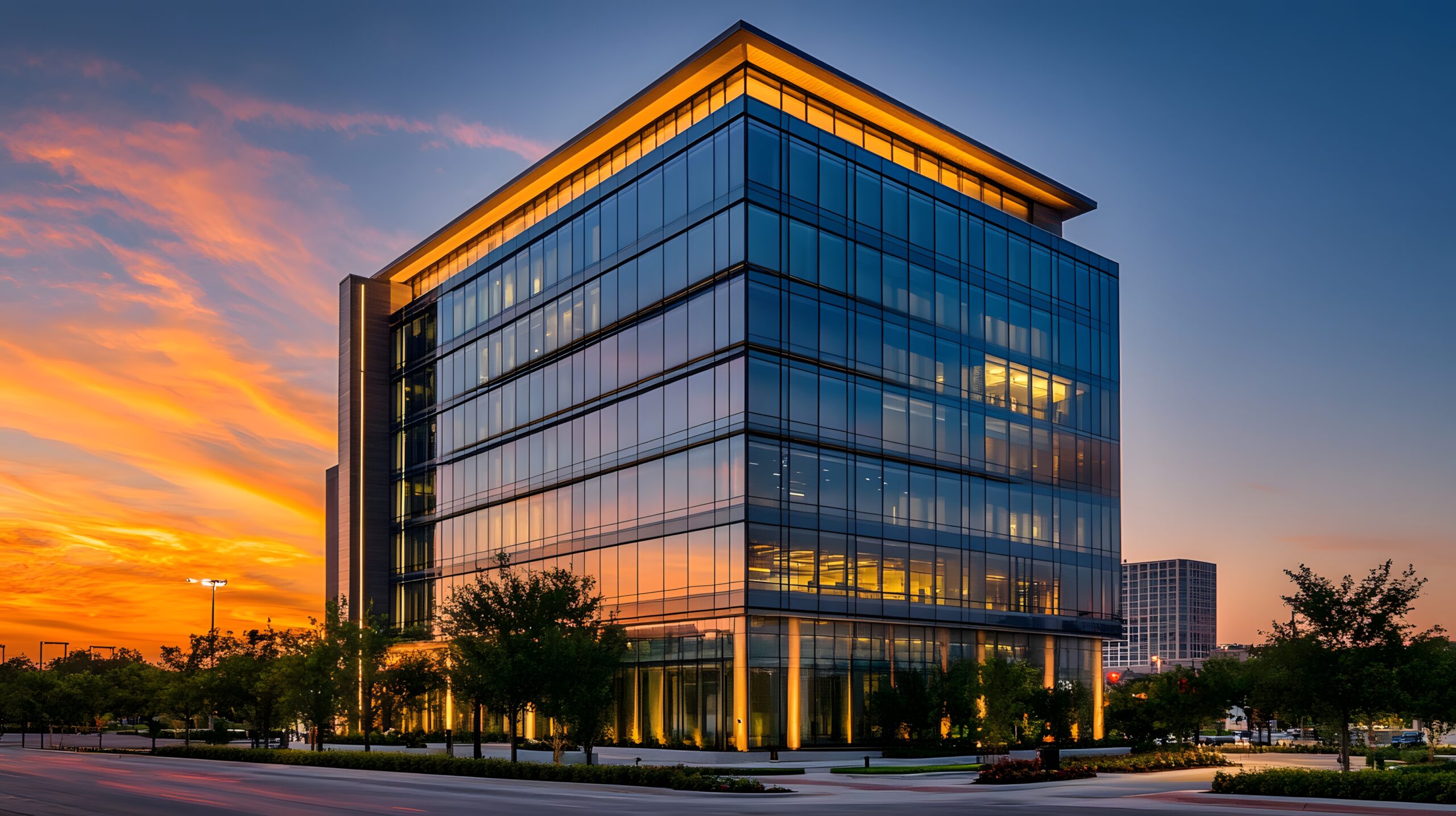 Modern glass office building at sunset. Illuminated, contemporary skyscraper against vibrant, fiery orange and purple sky. City lights. Urban, business, architecture, commercial, cityscape, investment, high-rise, exterior, property, realestate, de